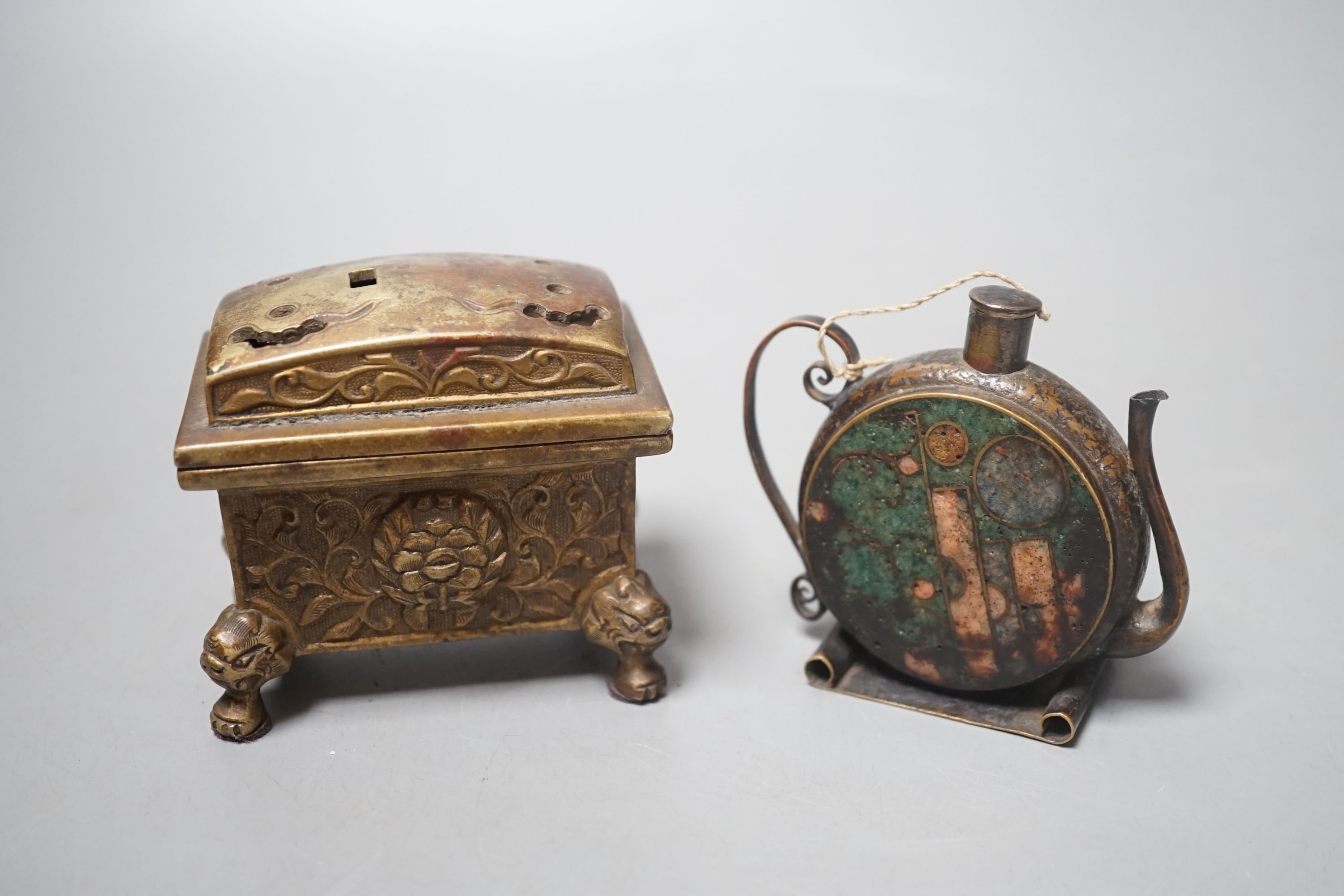 A Chinese bronze censer and a cloisonné enamel teapot, possibly Ming period